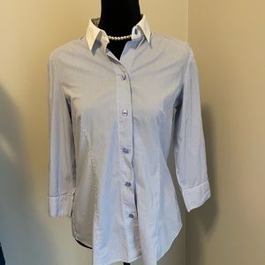 Medium size, quarter length sleeve blouse, pinstripe